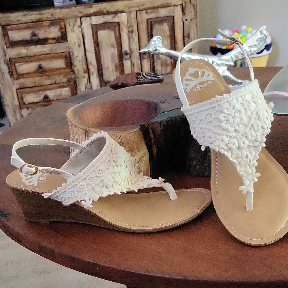 Fergie Cream Lace Wedge Sandals